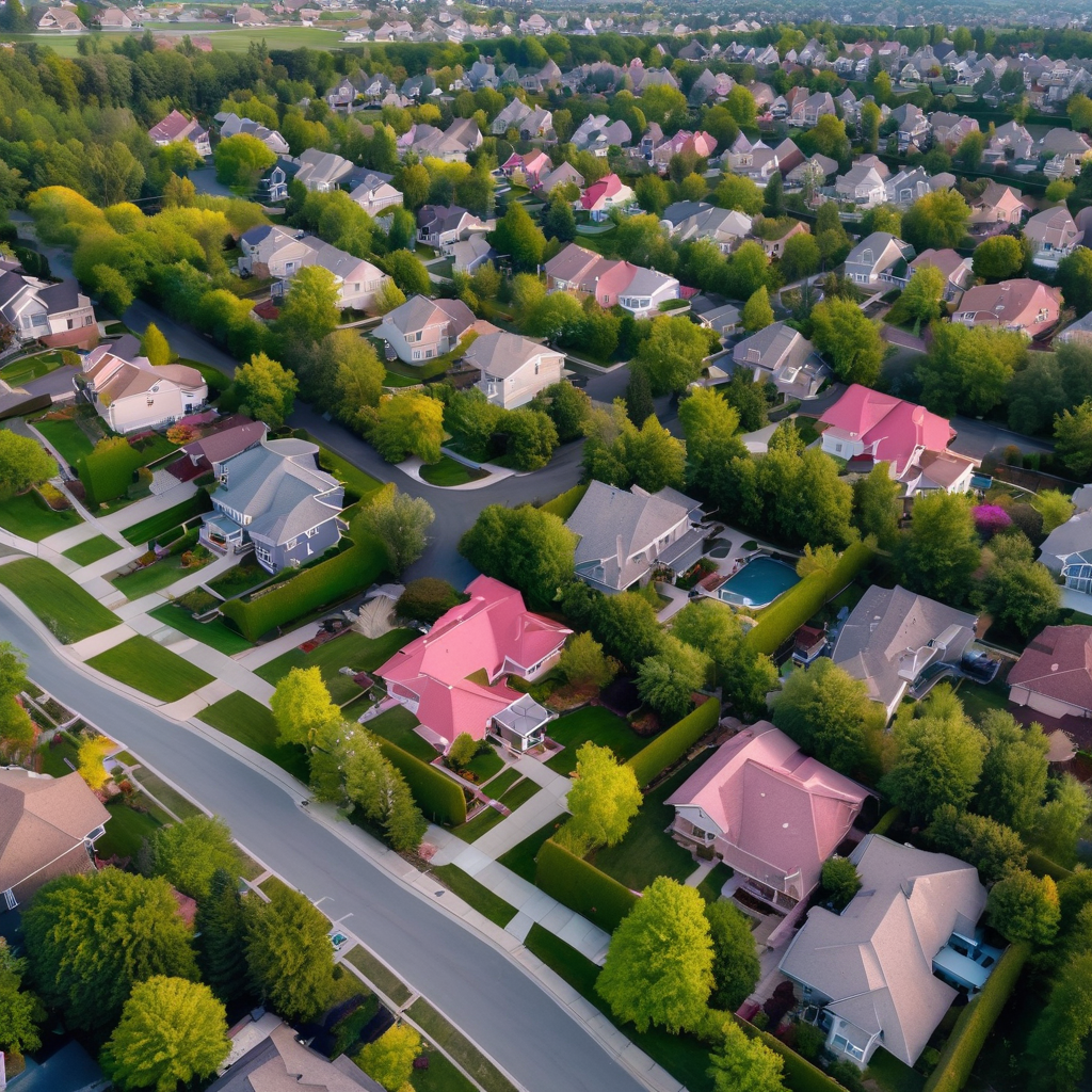 Aerial view of a neighborhood with well-maintained residential homes on a clear day.